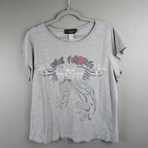 VeneziaGraphic Skull Rose Tee Gray Gothic Y2K Edgy Rock Style 18/20
